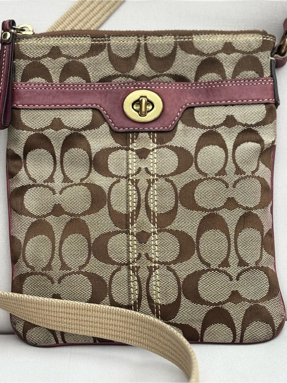 Coach Small Crossbody with Brown Signature Canvas and Pink Trim